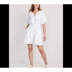 Old Navy Dress Slub Cotton Gauze White Puff Sleeve‎ Drawstring Waist Size XXL